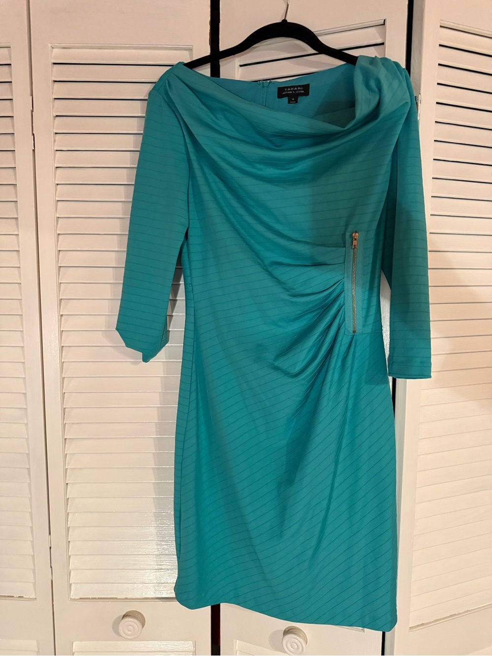 Tahari Teal Cowl Neck Sheath Dress with Side Zip